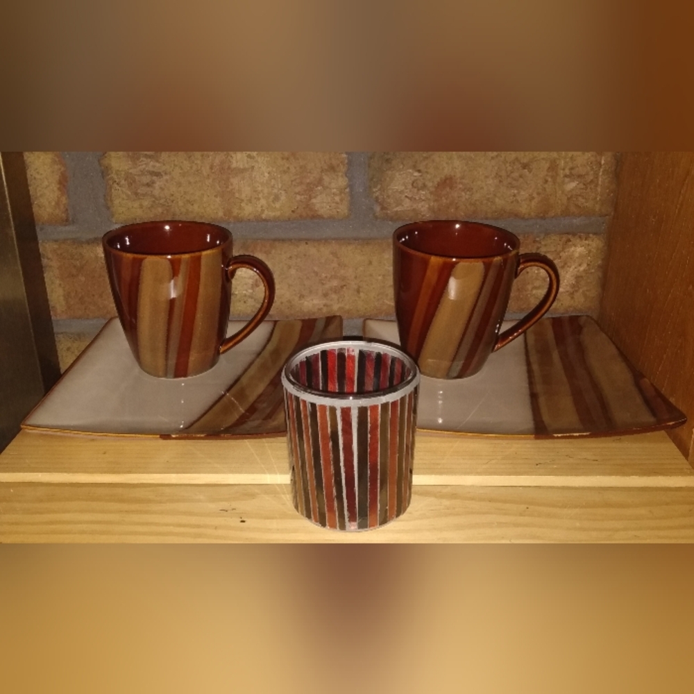 Sango Avanti Brown Two 8" x 8" Plates, Two Cups & Stained Glass Votive.